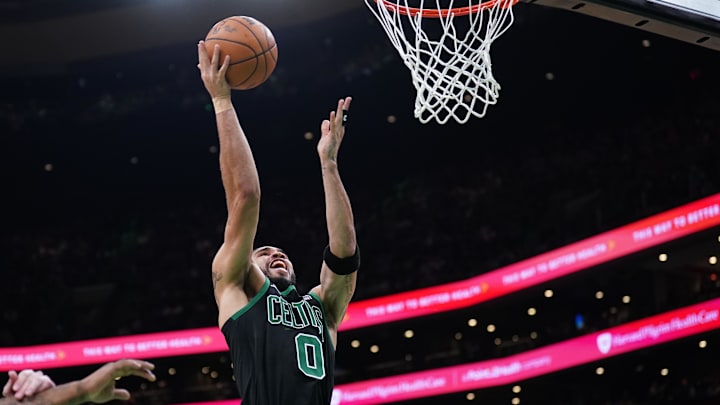 May 15, 2024; Boston, Massachusetts, USA; Boston Celtics forward Jayson Tatum (0) drives to the basket against the Cleveland Cavaliers in the third quarter during game five of the second round for the 2024 NBA playoffs at TD Garden. Mandatory Credit: David Butler II-USA TODAY Sports