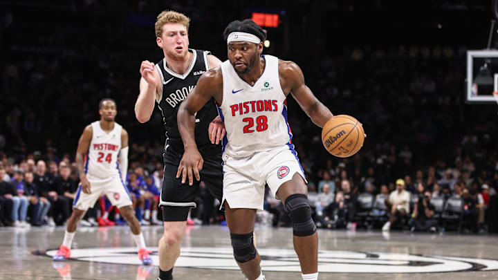 Mar 10, 2026; Brooklyn, New York, USA;  Detroit Pistons forward Isaiah Stewart (28) and Brooklyn Nets forward Danny Wolf (2) at Barclays Center. Mandatory Credit: Wendell Cruz-Imagn Images
