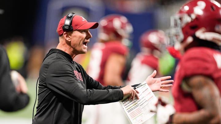 Dec 6, 2025; Atlanta, GA, USA; Alabama Crimson Tide head coach Kalen Deboer reacts during the fourth quarter against the Georgia Bulldogs during the 2025 SEC Championship game at Mercedes-Benz Stadium. Dec 6, 2025; Atlanta, GA, USA; Alabama Crimson Tide head coach Kalen Deboer reacts during the fourth quarter against the Georgia Bulldogs during the 2025 SEC Championship game at Mercedes-Benz Stadium.