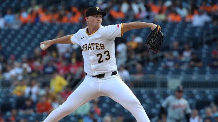 Jul 22, 2025; Pittsburgh, Pennsylvania, USA;  Pittsburgh Pirates starting pitcher Mitch Keller (23) delivers a pitch against the Detroit Tigers during the first inning at PNC Park. 