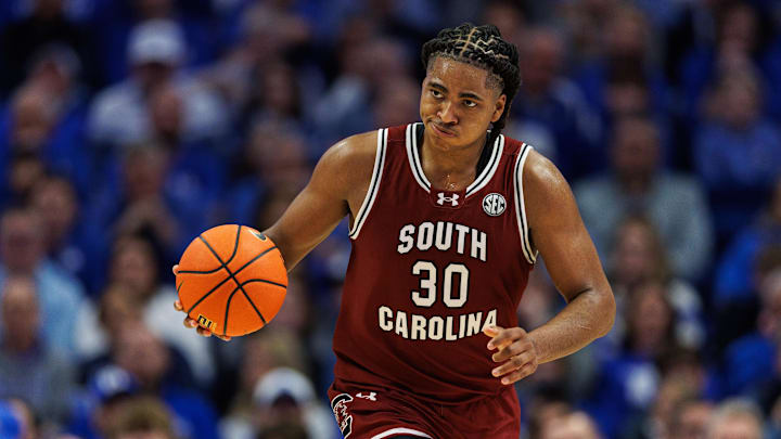 Feb 8, 2025; Lexington, Kentucky, USA; South Carolina Gamecocks forward Collin Murray-Boyles (30) brings the ball up court during the first half against the Kentucky Wildcats at Rupp Arena at Central Bank Center. Mandatory Credit: Jordan Prather-Imagn Images