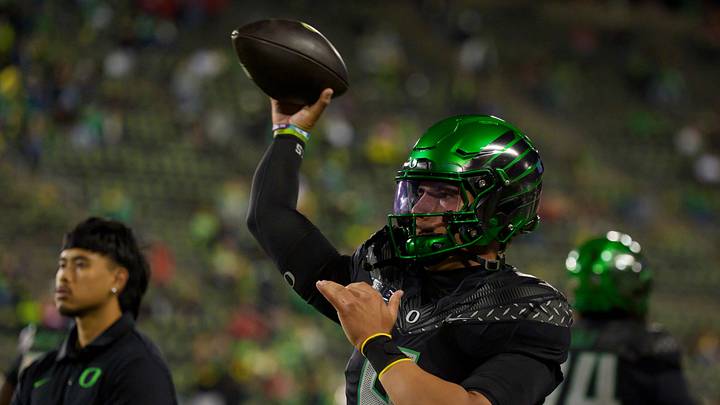 Oregon Ducks quarterback Dylan Raiola throws a pass during warmups as the Oregon Ducks host the Nebraska Cornhuskers on Oct. 17, 2026, at Autzen Stadium in Eugene, Oregon.