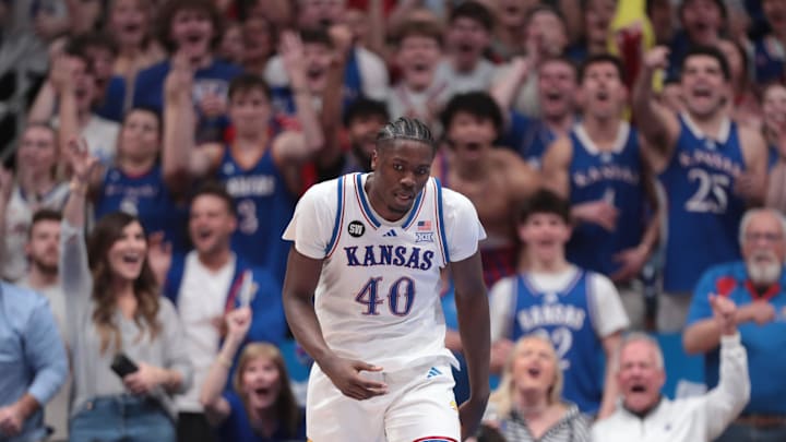 Kansas Jayhawks forward Flory Bidunga (40) looks back after scoring against Arizona Wildcats during the game inside Allen Fieldhouse on Feb. 9, 2026.