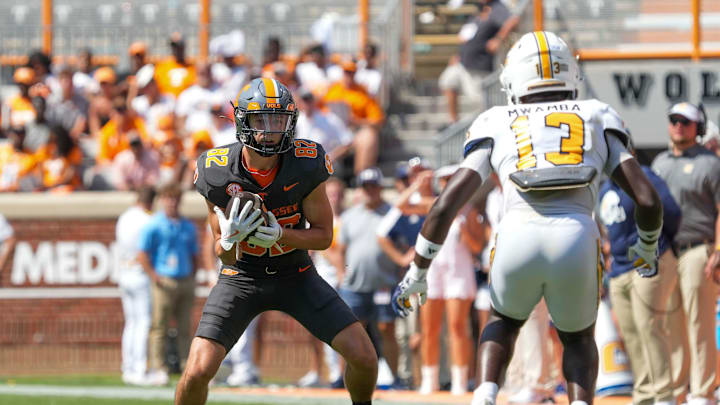 Tennessee wide receiver Dayton Sneed (82) catches a ball during a football game between Tennessee and Chattanooga at Neyland Stadium in Knoxville, Tenn., on Saturday, August 31, 2024.