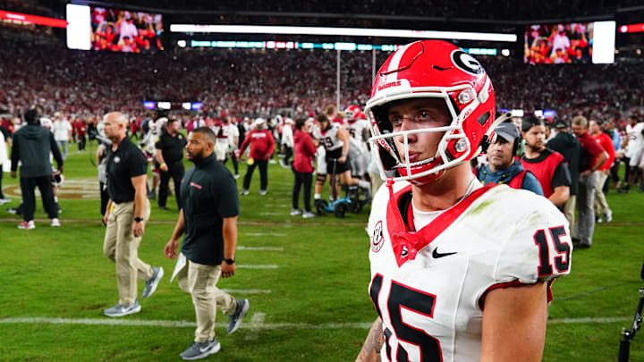 Sep 28, 2024; Tuscaloosa, Alabama, USA; Georgia Bulldogs quarterback Carson Beck (15) leaves the field after a loss to the Alabama Crimson Tide at Bryant-Denny Stadium. Mandatory Credit: John David Mercer-Imagn Images Sep 28, 2024; Tuscaloosa, Alabama, USA; Georgia Bulldogs quarterback Carson Beck (15) leaves the field after a loss to the Alabama Crimson Tide at Bryant-Denny Stadium. Mandatory Credit: John David Mercer-Imagn Images