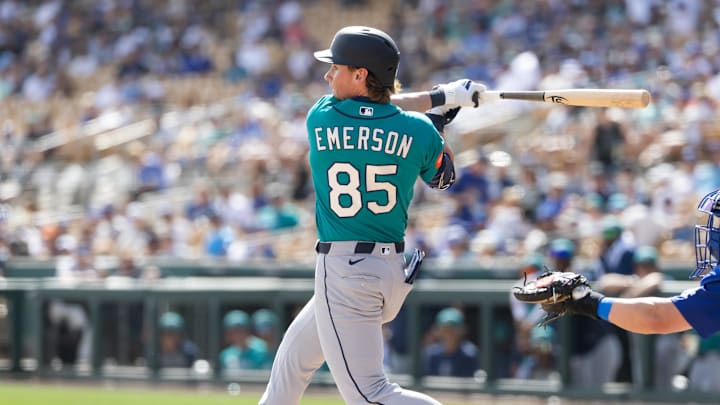 Feb 23, 2026; Phoenix, Arizona, USA; Seattle Mariners shortstop Colt Emerson against the Los Angeles Dodgers during a spring training game at Camelback Ranch-Glendale. Mandatory Credit: Mark J. Rebilas-Imagn Images Feb 23, 2026; Phoenix, Arizona, USA; Seattle Mariners shortstop Colt Emerson against the Los Angeles Dodgers during a spring training game at Camelback Ranch-Glendale. Mandatory Credit: Mark J. Rebilas-Imagn Images