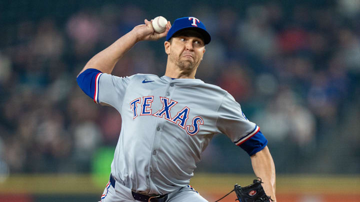 Sep 13, 2024; Seattle, Washington, USA;  Texas Rangers starter Jacob deGrom (48) delivers a pitch during the first inning against the Seattle Mariners at T-Mobile Park. Mandatory Credit: Stephen Brashear-Imagn Images