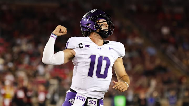 Aug 30, 2024; Stanford, California, USA; TCU Horned Frogs quarterback Josh Hoover (10) celebrates after a touchdown during the second half against the Stanford Cardinal at Stanford Stadium. Mandatory Credit: Sergio Estrada-Imagn Images Aug 30, 2024; Stanford, California, USA; TCU Horned Frogs quarterback Josh Hoover (10) celebrates after a touchdown during the second half against the Stanford Cardinal at Stanford Stadium. Mandatory Credit: Sergio Estrada-Imagn Images