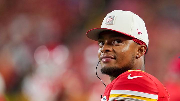 Aug 28, 2026; Kansas City, Missouri, USA; Kansas City Chiefs quarterback Justin Fields (6) reacts during the second half against the Seattle Seahawks at Arrowhead Stadium. Mandatory Credit: Jay Biggerstaff-Imagn Images