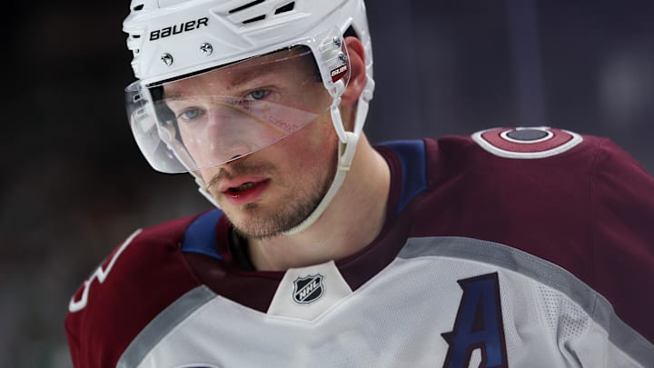May 11, 2026; Saint Paul, Minnesota, USA; Colorado Avalanche defenseman Cale Makar (8) looks on during the second period in game four of the second round of the 2026 Stanley Cup Playoffs against the Minnesota Wild at Grand Casino Arena. Mandatory Credit: Matt Krohn-Imagn Images