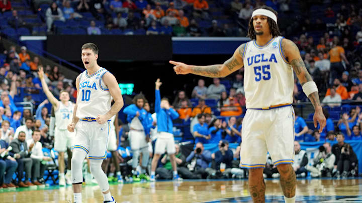 UCLA Bruins guard Lazar Stefanovic (10) celebrates after a play of the NCAA Tournament at Rupp Arena. UCLA Bruins guard Lazar Stefanovic (10) celebrates after a play of the NCAA Tournament at Rupp Arena.