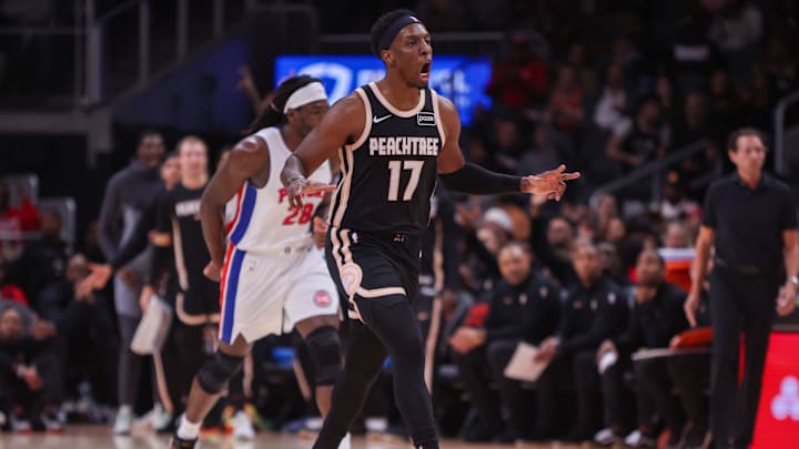 Nov 18, 2025; Atlanta, Georgia, USA; Atlanta Hawks forward Onyeka Okongwu (17) reacts after a basket against the Detroit Pistons in the first quarter at State Farm Arena. Mandatory Credit: Brett Davis-Imagn Images