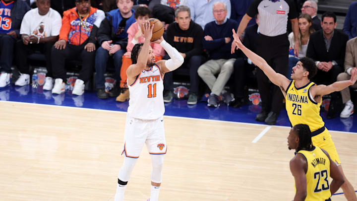 New York Knicks guard Jalen Brunson shoots against Indiana Pacers guard Ben Sheppard. Mandatory Credit: Wendell Cruz-Imagn Images