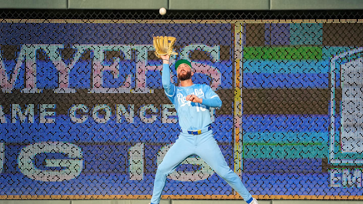 Jul 26, 2025; Kansas City, Missouri, USA; Kansas City Royals right fielder John Rave (16) fields a fly ball against the Cleveland Guardians in the third inning at Kauffman Stadium. Mandatory Credit: Denny Medley-Imagn Images