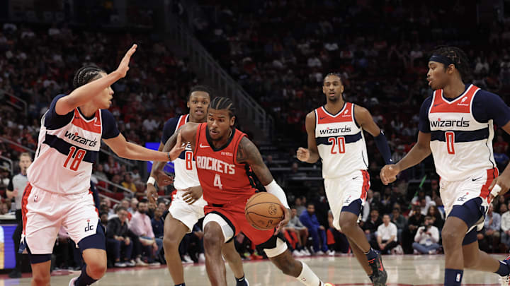 Nov 11, 2024; Houston, Texas, USA; Houston Rockets guard Jalen Green (4) drives to the basket against Washington Wizards forward Kyshawn George (18) in the second quarter at Toyota Center. Mandatory Credit: Thomas Shea-Imagn Images Nov 11, 2024; Houston, Texas, USA; Houston Rockets guard Jalen Green (4) drives to the basket against Washington Wizards forward Kyshawn George (18) in the second quarter at Toyota Center. Mandatory Credit: Thomas Shea-Imagn Images