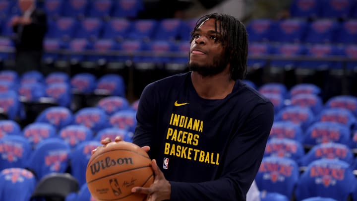 May 6, 2024; New York, New York, USA; Indiana Pacers forward Jarace Walker (5) warms up before game one of the second round of the 2024 NBA playoffs against the New York Knicks at Madison Square Garden. Mandatory Credit: Brad Penner-USA TODAY Sports
