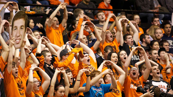 Jan. 26, 2013; Corvallis, OR, USA; Oregon State Beavers fans cheer the mens basketball team against the Washington State Cougars in the first half at Gill Coliseum. Mandatory Credit: Jaime Valdez-Imagn Images Jan. 26, 2013; Corvallis, OR, USA; Oregon State Beavers fans cheer the mens basketball team against the Washington State Cougars in the first half at Gill Coliseum. Mandatory Credit: Jaime Valdez-Imagn Images