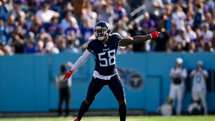 Nov 17, 2024; Nashville, Tennessee, USA;  Tennessee Titans linebacker Harold Landry III (58) celebrates the fumble recovery against the Minnesota Vikings during the first half at Nissan Stadium. Mandatory Credit: Steve Roberts-Imagn Images