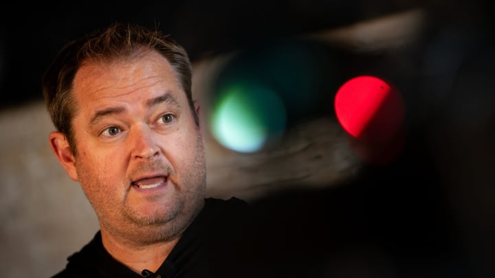 University of Tennessee football coach Josh Heupel speaks to reporters during the Big Orange Caravan University of Tennessee football coach Josh Heupel speaks to reporters during the Big Orange Caravan