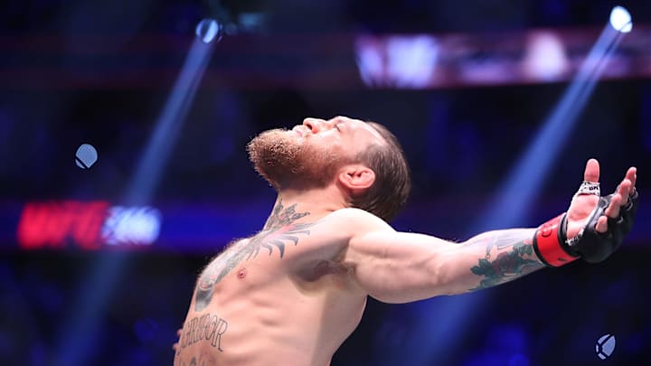 January 18, 2020; Las Vegas, Nevada, USA; Conor McGregor is introduced before fighting Donald Cerrone during UFC 246 at T-Mobile Arena. Mandatory Credit: Mark J. Rebilas-Imagn Images
