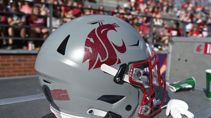 Sep 16, 2023; Pullman, Washington, USA; Washington State Cougars helmet sits during a game against the Northern Colorado Bears in the second half at Gesa Field at Martin Stadium. Mandatory Credit: James Snook-Imagn Images