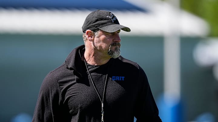 Detroit Lions head coach Dan Campbell watches practice during rookie mini camp at Meijer Performance Center in Allen Park on Friday, May 9, 2025.