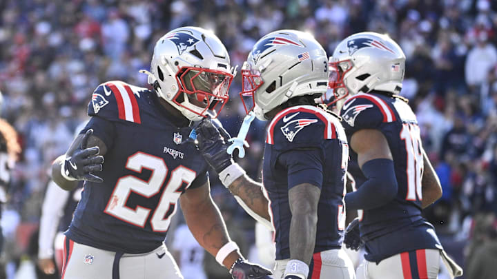 Nov 2, 2025; Foxborough, Massachusetts, USA; New England Patriots running back Terrell Jennings (26) celebrates his touchdown against the Atlanta Falcons during the first half at Gillette Stadium. Mandatory Credit: Eric Canha-Imagn Images Nov 2, 2025; Foxborough, Massachusetts, USA; New England Patriots running back Terrell Jennings (26) celebrates his touchdown against the Atlanta Falcons during the first half at Gillette Stadium. Mandatory Credit: Eric Canha-Imagn Images