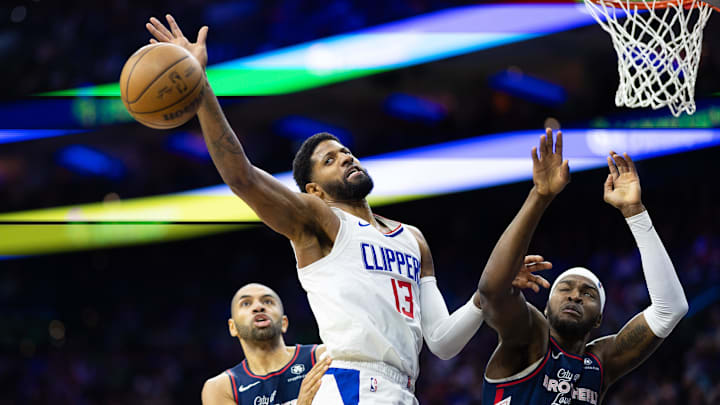Mar 27, 2024; Philadelphia, Pennsylvania, USA; LA Clippers forward Paul George (13) looses control Mar 27, 2024; Philadelphia, Pennsylvania, USA; LA Clippers forward Paul George (13) looses control