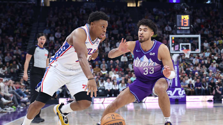 Dec 28, 2024; Salt Lake City, Utah, USA; Philadelphia 76ers guard Kyle Lowry (7) dribbles against Utah Jazz guard Johnny Juzang (33) during the first quarter at Delta Center. Mandatory Credit: Rob Gray-Imagn Images Dec 28, 2024; Salt Lake City, Utah, USA; Philadelphia 76ers guard Kyle Lowry (7) dribbles against Utah Jazz guard Johnny Juzang (33) during the first quarter at Delta Center. Mandatory Credit: Rob Gray-Imagn Images