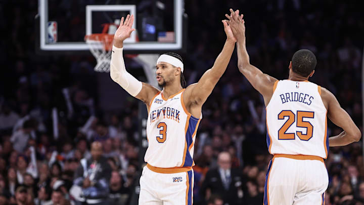 Nov 17, 2024; New York, New York, USA;  New York Knicks guard Josh Hart (3) celebrates with forward Mikal Bridges (25) in the fourth quarter against the Brooklyn Nets at Madison Square Garden. Mandatory Credit: Wendell Cruz-Imagn Images