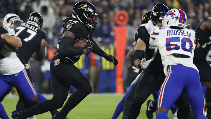 Sep 29, 2024; Baltimore, Maryland, USA; Baltimore Ravens running back Derrick Henry (22) carries the ball en route to a touchdown against the Buffalo Bills during the first quarter at M&T Bank Stadium. Sep 29, 2024; Baltimore, Maryland, USA; Baltimore Ravens running back Derrick Henry (22) carries the ball en route to a touchdown against the Buffalo Bills during the first quarter at M&T Bank Stadium.