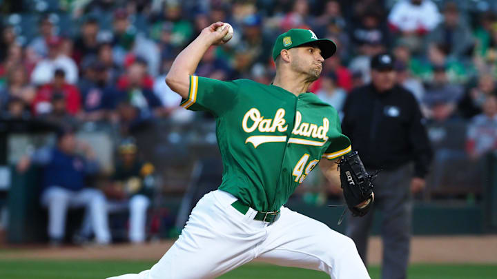 Apr 20, 2018; Oakland, CA, USA; Oakland Athletics starting pitcher Kendall Graveman (49) pitches the ball against the Boston Red Sox during the first inning at Oakland Coliseum. Mandatory Credit: Kelley L Cox-Imagn Images Apr 20, 2018; Oakland, CA, USA; Oakland Athletics starting pitcher Kendall Graveman (49) pitches the ball against the Boston Red Sox during the first inning at Oakland Coliseum. Mandatory Credit: Kelley L Cox-Imagn Images