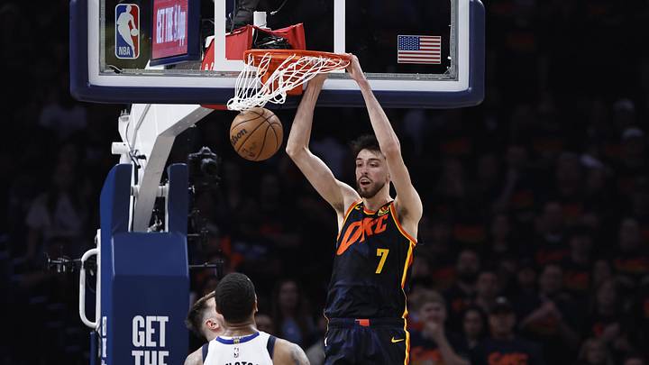 May 15, 2024; Oklahoma City, Oklahoma, USA; Oklahoma City Thunder forward Chet Holmgren (7) dunks May 15, 2024; Oklahoma City, Oklahoma, USA; Oklahoma City Thunder forward Chet Holmgren (7) dunks