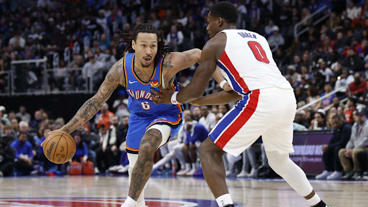 Feb 25, 2026; Detroit, Michigan, USA;  Oklahoma City Thunder forward Jaylin Williams (6) dribbles defended by Detroit Pistons center Jalen Duren (0) in the second half at Little Caesars Arena. Mandatory Credit: Rick Osentoski-Imagn Images