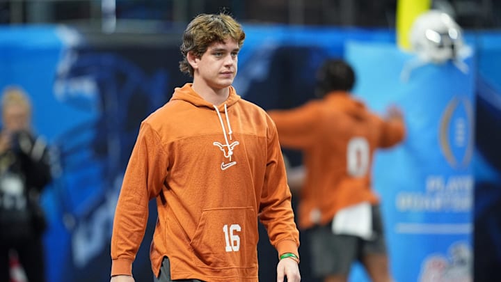Jan 1, 2025; Atlanta, GA, USA; Texas Longhorns quarterback Arch Manning (16) warms up before the Peach Bowl at Mercedes-Benz Stadium. Mandatory Credit: Dale Zanine-Imagn Images