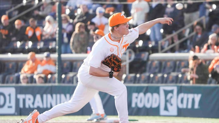 Tennessee pitcher Liam Doyle (12) throws a pitch at the Tennessee baseball season opener against Hofstra, in Lindsey Nelson Stadium at University of Tennessee in Knoxville, Tenn., Friday, February. 14, 2025.