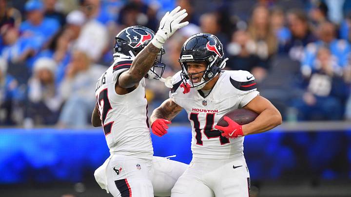 Dec 27, 2025; Inglewood, California, USA; Houston Texans wide receiver Jaylin Noel (14) reacts with wide receiver Nico Collins (12) after catching a touchdown against the Los Angeles Chargers during the first half at SoFi Stadium. Mandatory Credit: Gary A. Vasquez-Imagn Images Dec 27, 2025; Inglewood, California, USA; Houston Texans wide receiver Jaylin Noel (14) reacts with wide receiver Nico Collins (12) after catching a touchdown against the Los Angeles Chargers during the first half at SoFi Stadium. Mandatory Credit: Gary A. Vasquez-Imagn Images