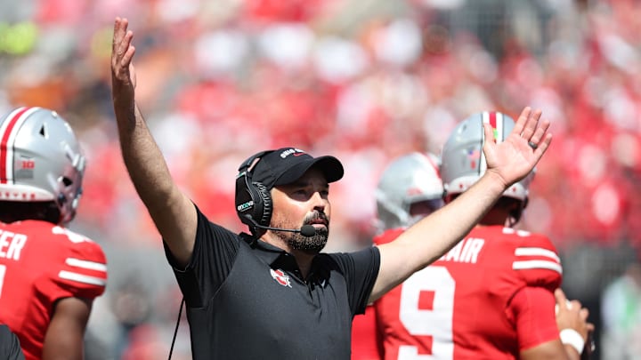 Aug 30, 2025; Columbus, Ohio, USA; Ohio State Buckeyes head coach Ryan Day reacts against the Texas Longhorns in the second half at Ohio Stadium. Mandatory Credit: Joseph Maiorana-Imagn Images