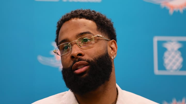 May 15, 2024; Miami Gardens, FL, USA; Miami Dolphins wide receiver Odell Beckham Jr. speaks to the media during an introductory press conference at Baptist Health Training Complex. Mandatory Credit: Sam Navarro-Imagn Images