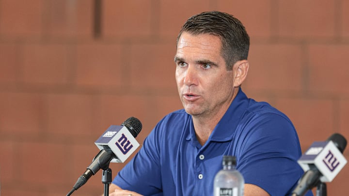 Jul 24, 2024; East Rutherford, NJ, USA; New York Giants general manager Joe Schoen talks to media before the start of training camp at Quest Diagnostics Training Facility.