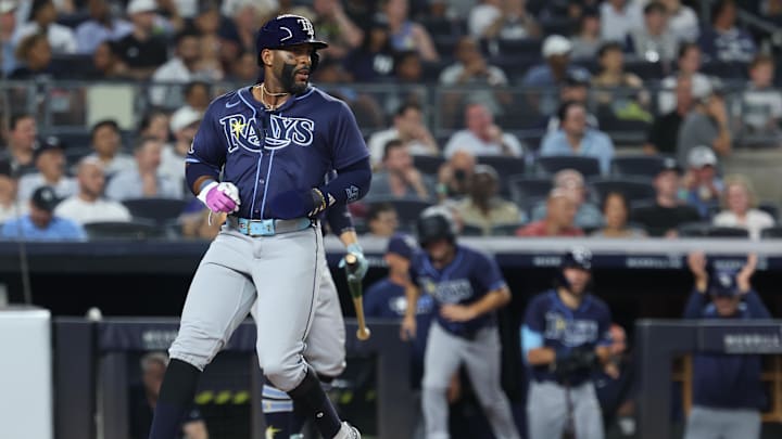 Jul 28, 2025; Bronx, New York, USA; Tampa Bay Rays designated hitter Yandy Diaz (2) scores on an RBI single by right fielder Josh Lowe (15) during the fifth inning against the New York Yankees at Yankee Stadium. Mandatory Credit: Vincent Carchietta-Imagn Images