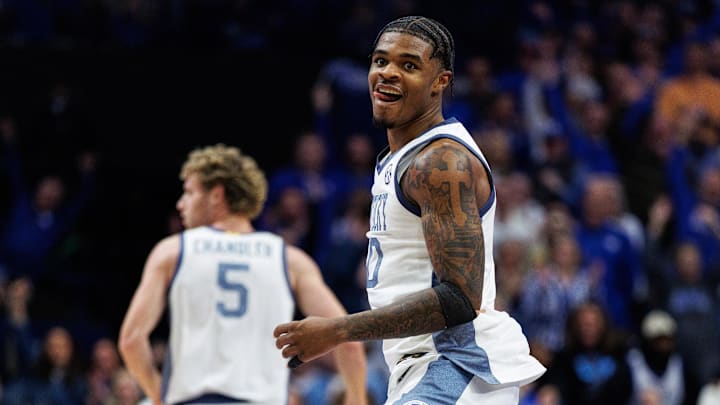 Feb 7, 2026; Lexington, Kentucky, USA; Kentucky Wildcats guard Otega Oweh (00) reacts after scoring a basket during the second half against the Tennessee Volunteers at Rupp Arena at Central Bank Center. Mandatory Credit: Jordan Prather-Imagn Images