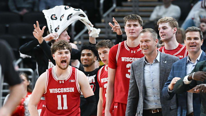 Mar 14, 2025; Indianapolis, IN, USA; The Wisconsin Badgers bench celebrates during the second half against the UCLA Bruins at Gainbridge Fieldhouse. Mandatory Credit: Robert Goddin-Imagn Images