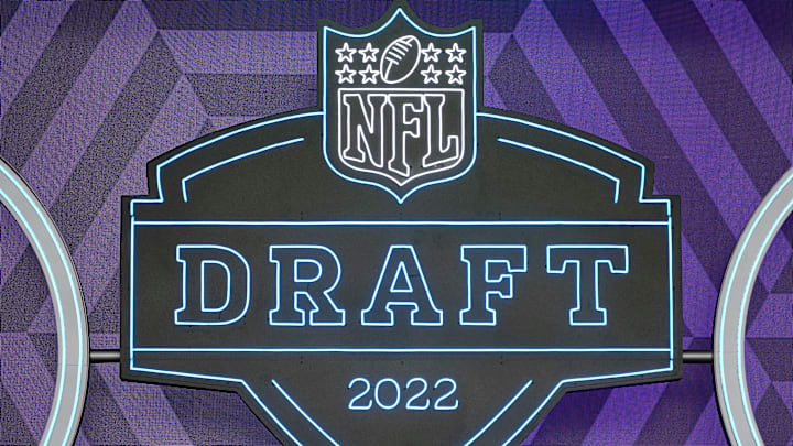 Apr 28, 2022; Las Vegas, NV, USA; A detail view of the NFL Draft 2022 logo before the first round of
