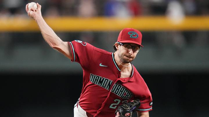 Arizona Diamondbacks right-hander Zac Gallen (23) warms up before pitching against the Los Angeles Dodgers at Chase Field in Phoenix, on June 2, 2026.