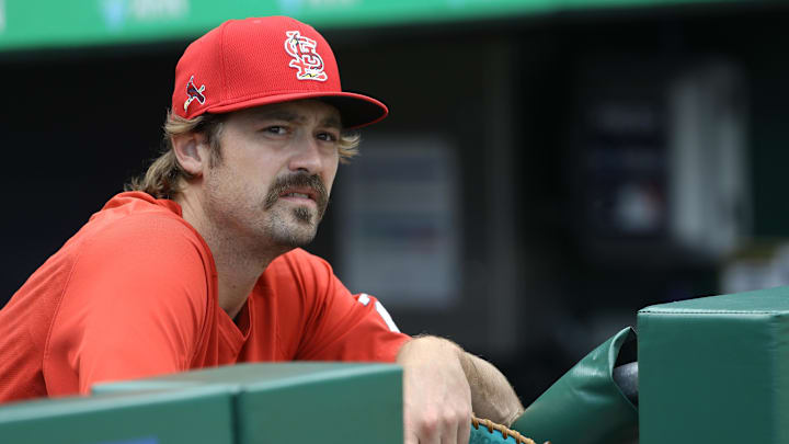 Aug 26, 2021; Pittsburgh, Pennsylvania, USA; St. Louis Cardinals relief pitcher Andrew Miller (21) watches the Pittsburgh Pirates take batting practice before playing at PNC Park. Mandatory Credit: Charles LeClaire-Imagn Images Aug 26, 2021; Pittsburgh, Pennsylvania, USA; St. Louis Cardinals relief pitcher Andrew Miller (21) watches the Pittsburgh Pirates take batting practice before playing at PNC Park. Mandatory Credit: Charles LeClaire-Imagn Images