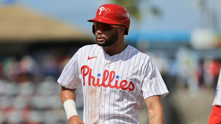 Mar 5, 2026; Clearwater, Florida, USA;  Philadelphia Phillies outfielder Justin Crawford (80) looks on against the Boston Red Sox during the fifth inning at BayCare Ballpark. Mandatory Credit: Kim Klement Neitzel-Imagn Images