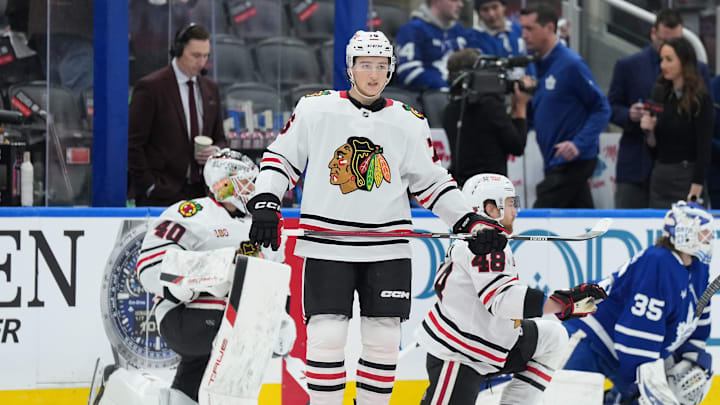 Dec 16, 2025; Toronto, Ontario, CAN; Chicago Blackhawks left wing Nick Lardis (76) skates during the warmup before a game against the Toronto Maple Leafs at Scotiabank Arena. Mandatory Credit: Nick Turchiaro-Imagn Images