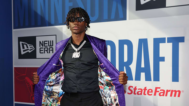 Jun 26, 2024; Brooklyn, NY, USA; Ja'Kobe Walter arrives for the first round of the 2024 NBA Draft at Barclays Center. Mandatory Credit: Brad Penner-Imagn Images
