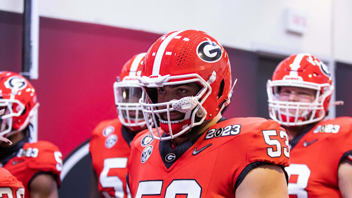 Jan 9, 2023; Inglewood, CA, USA; Georgia Bulldogs offensive lineman Dylan Fairchild (53) against the TCU Horned Frogs during the CFP national championship game at SoFi Stadium. Mandatory Credit: Mark J. Rebilas-Imagn Images
